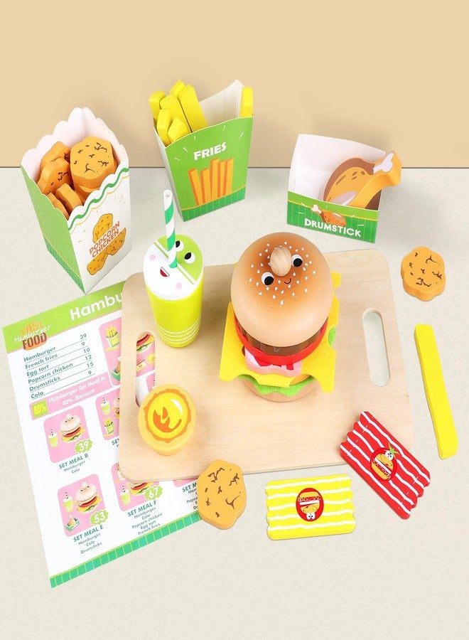 Gserin Wooden Hamburger Play Food Set for Kids, Fast Food Playset with Tray, Pretend Play Kitchen Accessories for Toddlers - Image 5